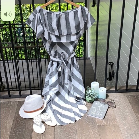 Gray/White Ruffle High-Low Flounce Dress L/8/10/12 - Picture 2 of 4